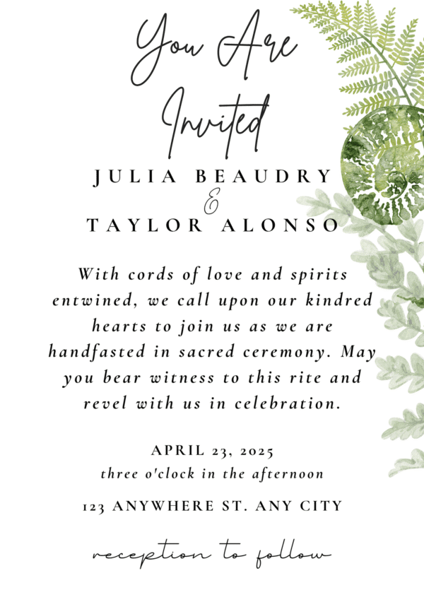 Fern Motif Handfasting Wedding Invitation-A5 Size - Image 2